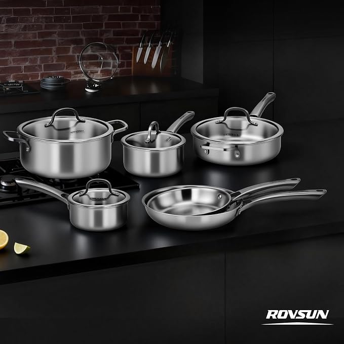 ROVSUN 10-Pcs Stainless Steel Cookware Set, Tri-Ply Pots and Pans Set, Non-Toxic Kitchen Set, PFOA & PTFE Free, Full Clad Frying Pans, Saucepans, Saute Pan & Stock Pot, Compatible for All Cooktops - Image 9