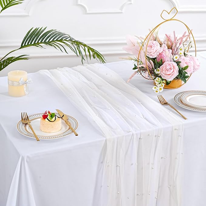 Pearl Gauze Table Runner Fabric Beige 10ft Wedding Veil Seasonal Decoration - Image 8