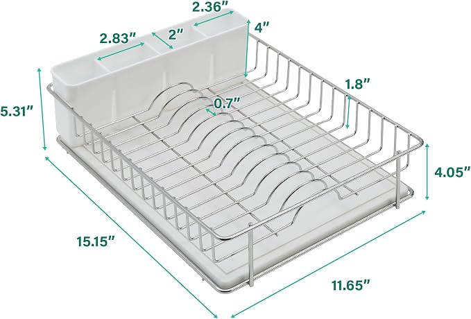 SunnyPoint 304 Stainless Steel Compact Dish Drying Rack, 15.3"x11.6", Diatomaceous Earth Drainboard, Removable Utensil Caddy, Space-Saving Countertop Design (Silvery-Grey) - Image 8