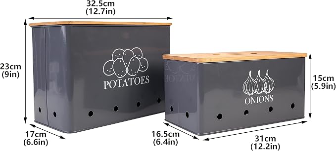 Potato and Onion Storage Bin Set of 2, Vented Metal Vegetable Storage with Wooden Lids, Farmhouse Kitchen Canisters for Countertop Pantry Organizer, Potato Bin Onion Holder for Produce Storage, Grey - Image 7