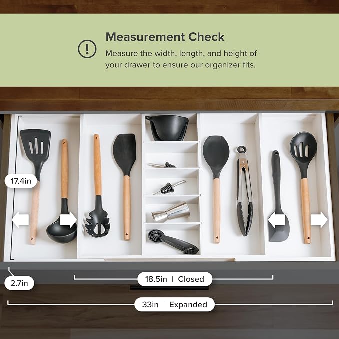 KitchenEdge Utensil & Junk Drawer Organizer, 19-33 in, White Bamboo | Food-safe contract grade, 100% sustainable wood, non-slip, adjustable - Image 7