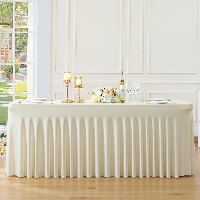 Besutolife 4 Pack Beige Spandex Tablecloth for 8ft Rectangle Tables Fitted Table Cloth Stretch Table Covers Skirt 8ft Rectangular Tablecloths for Banquet Parties Wedding Decorations - Image 9