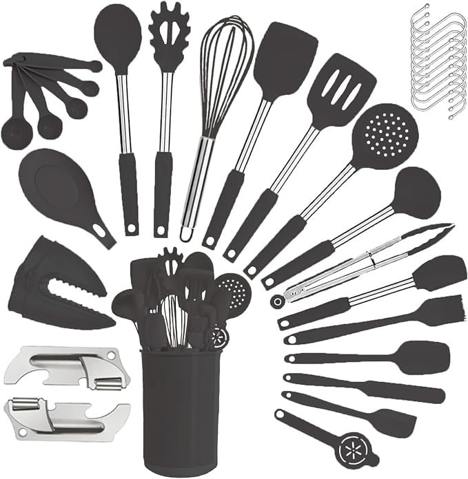 Silicone Kitchen Cooking Utensils Set with Stainless Steel Handle, Spatula Set Utensil Set, Cooking Utensil Set,Kitchen Tools Gadgets for Nonstick Cookware (35, Black) - Image 6