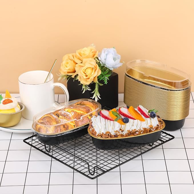 Beasea Mini Loaf Pans With Lids, 6 Inch 50 Pack Oval Cake Pan, Black Golden Disposable Baking Cups, Ellipse Cheesecake Pan Aluminum Pans for Meat Bakeware Oven Baking - Image 7