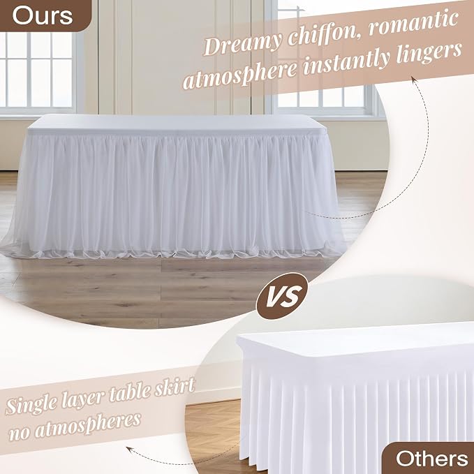 CO-AVE 6pack White Tulle Tablecloth for 8ft Rectangular Tables, 2-in-1 Elastic Stretch Spandex Cover with Tutu Ruffle Skirt, Wrinkle Free for Wedding, Birthday, Banquet, Buffet, Bridal Shower - Image 9