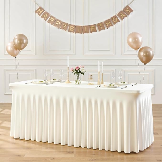 2 Pack 8ft Ivory Spandex Table Cloths for Rectangle Tables Wrinkle Free Ivory Rectangle Tablecloths, Stretch Fitted Table Cover with Skirt for Wedding Birthday Party Banquet Baby Shower Buffet Event - Image 9