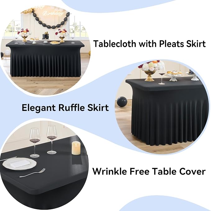 12 pk Black Spandex Tablecloth 8ft with Ruffled Skirt,Wrinkle Free High Stretch Fitted Tablecloths for 8 Foot Rectangle Tables,Pleated Elastic Spandex Table Covers 8ft for Parties Wedding Banquet - Image 9
