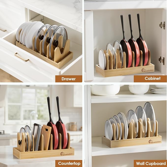 Housolution Bamboo Pot and Pan Lid Organizer Holder Storage Rack - Image 7