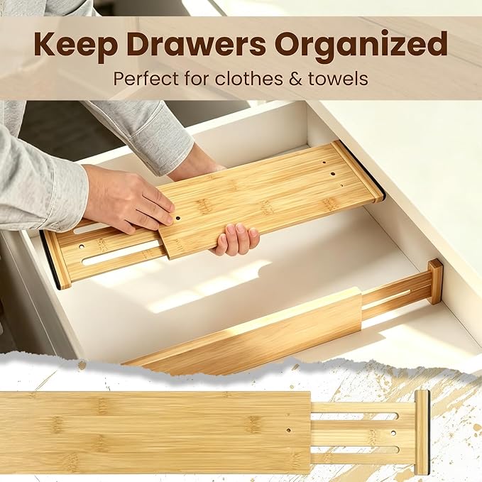 Joyeee Kitchen Drawer Dividers 6 Pack, 16.9-22.1" Adjustable Bamboo Drawer Organizer, 3.86" High Expandable Utensils Separators for Closet, Dresser, Bathroom, Bedroom, Office - Image 7