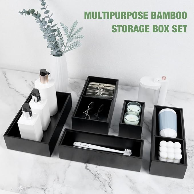 Bamboo Drawer Organizer,5 PCS Black Silverware Tray&Desk Organizers and Storage,Cabinet Divider With Removable Bathroom Organization for Kitchen,Utensils,Junk,Office,Makeup - Image 6