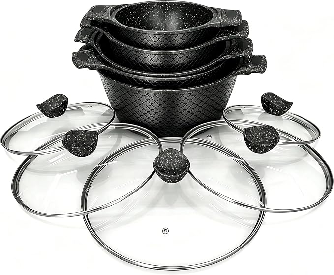 16PCS Cookware Set - Home Nonstick Stock Pot with Glass Lid, Pots and Pans Set, Cooking Pots Set, Cast Aluminum, Stay Cool Handles Dishwasher Safe, PTFE/PFOA Free, Speckled Black(Fish Scale Shaped) - Image 8