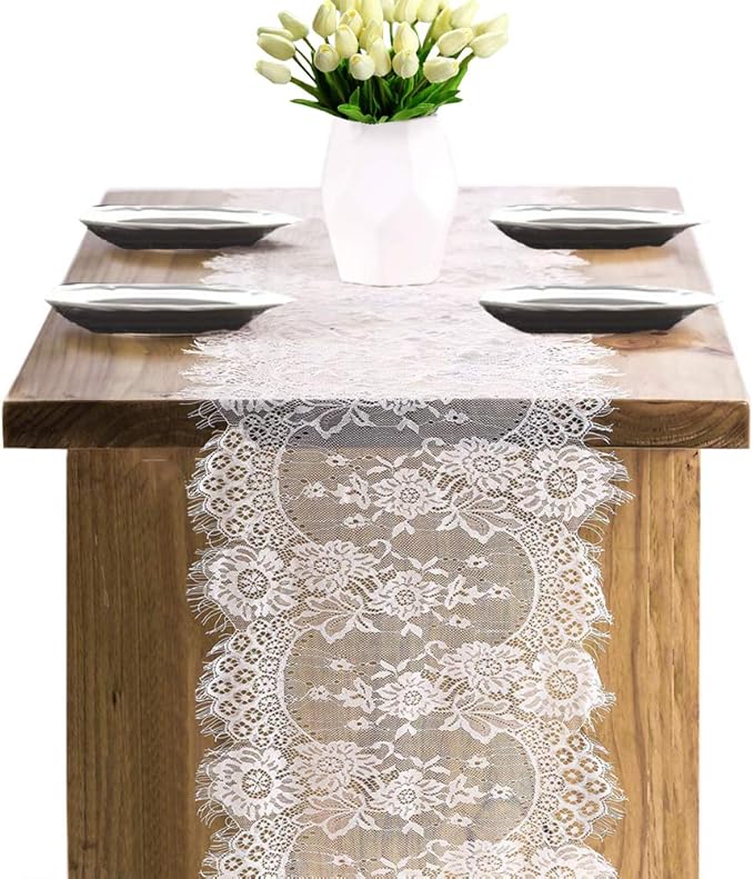 2 Pcs White Lace Table Runner 14 x 120 Inch Vintage Table Runner for Wedding Bridal Shower Baby Shower Party Table Decoration Rustic Rose Embroidered Boho Lace Runners - Image 7