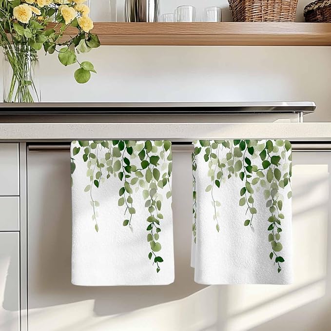 Sage Green Eucalyptus Kitchen Towels Set of 2, Absorbent Dish Towels for Kitchen, Spring Summer Botanical Plants Chic Microfiber Hand Towel, Quick Drying Tea Towel for Cleaning Decorative Dishcloths - Image 7