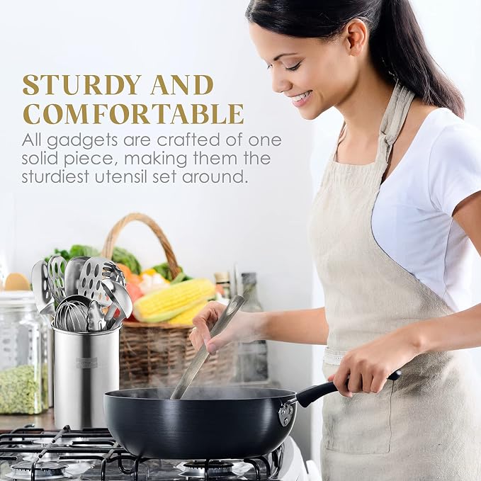 Bartnelli 11-Piece Kitchen Utensils Set with Holder - Non-Stick Stainless Steel Cooking Utensils with Heat-Resistant Handle - Includes Cooking Spoons, Potato Smasher, Slotted Turner, Whisk, and More - Image 7