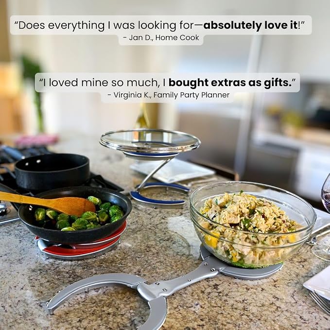 Trivae 4-in-1 Pot Lid Holder and Kitchen Trivet for Countertop – Durable Cast Aluminum Hot Pan Stand & Cake Display – Heat Resistant Silicone, Space Saving Foldable Design - Image 9