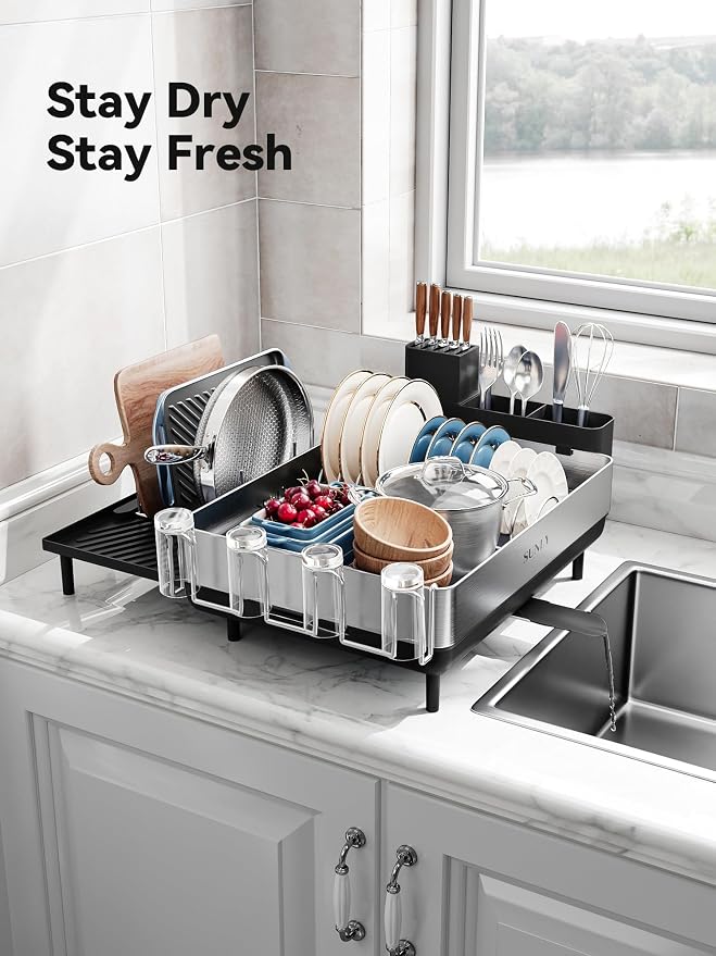 SUNLY Large Dish Drying Rack, Expandable Dish Racks for Kitchen Counter, Space Saving 304 Stainless Steel Drying Rack Kitchen, Extra Large Drainer with Multifunctional Flip Up Pegs, Black - Image 8