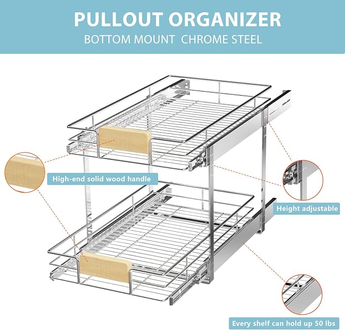 LOVMOR 2 Tier Pull Out Cabinet Organizer 7½" W x 21½" D, Slide Out Drawers with Wooden Handle, Sliding Shelves Organization and Storage for Kitchen, Pantry - Image 8