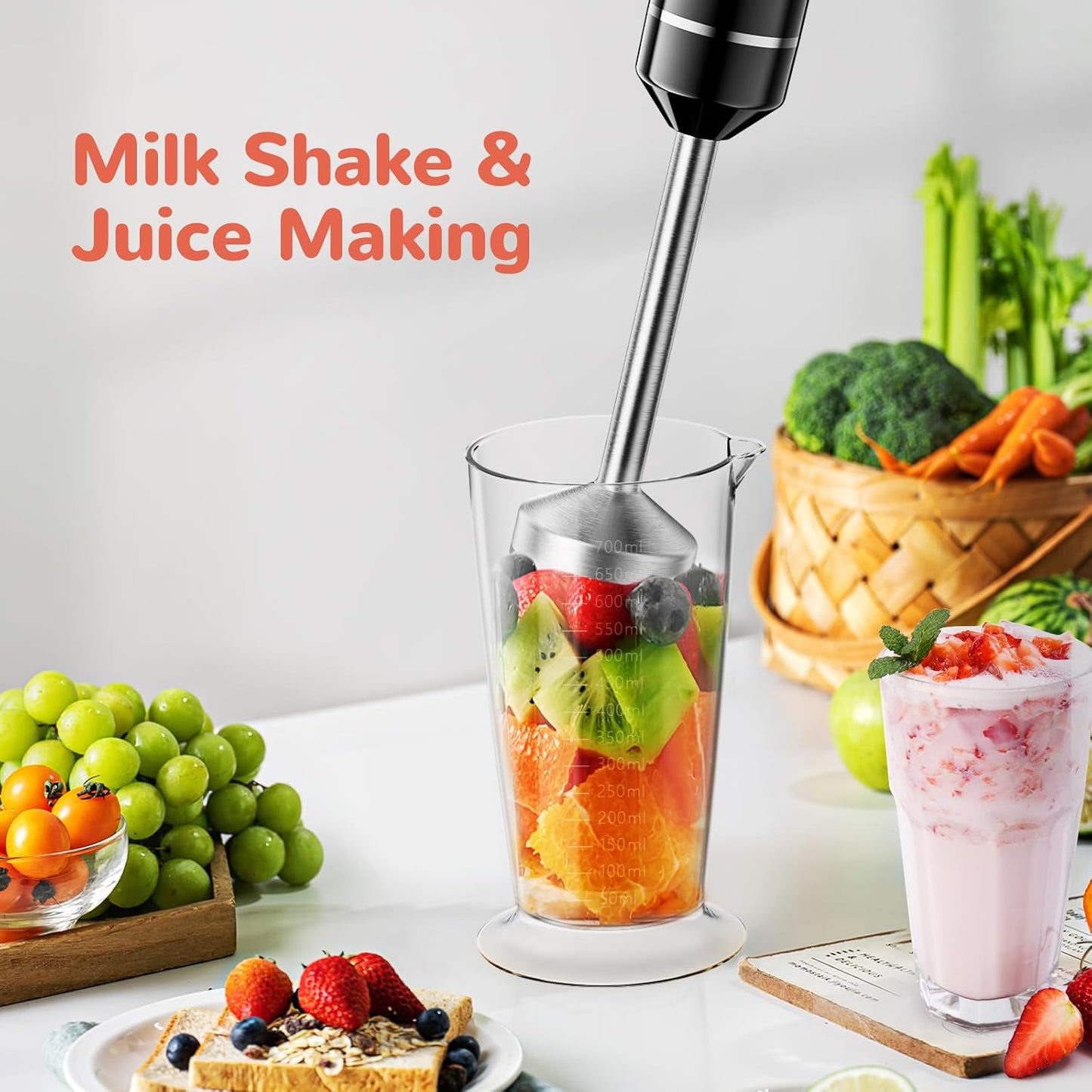 G.a HOMEFAVOR Handheld Corded Hand Blenders Set: 1000W Trigger Variable Speed 5 in 1 Stick Blenders with Stainless Steel Blade, Mixing Beaker, Whisk, Milk Frother for Soup, Baby Food, Smoothies