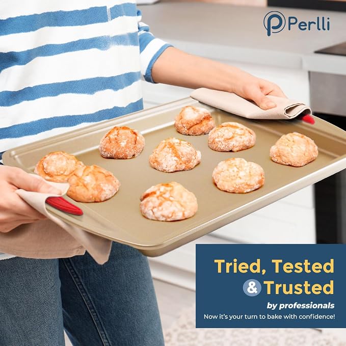 Perlli Baking Kit: Nonstick Gold Steel Oven Set - 6 Pieces, Round Cake Pan, Loaf Pan, Square Pan, Muffin Pan, Cookie Sheet, Roaster - Silicone Handles - Image 7