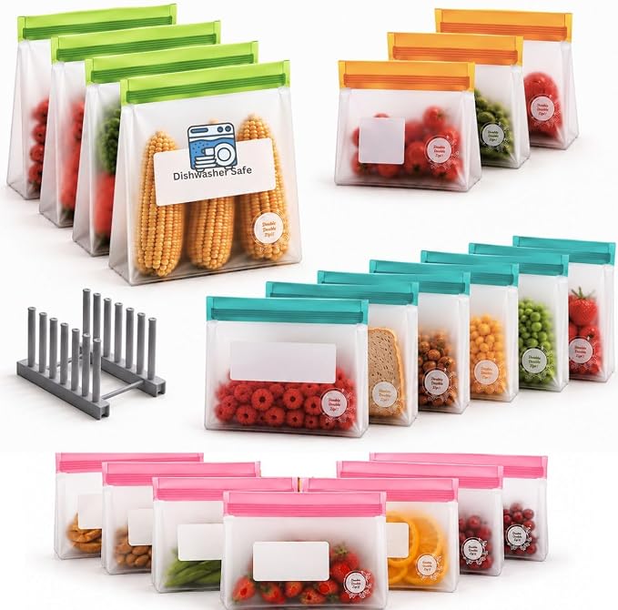 Reusable Food Storage Bags – 21-Pack Stand-Up, BPA-Free, Freezer, Dishwasher Safe & Eco-Friendly – 4 Gal, 6 L, 7 M, 3 S + Rack – Airtight Leakproof, Organization and Storage Bags (Multicolor) - Image 9