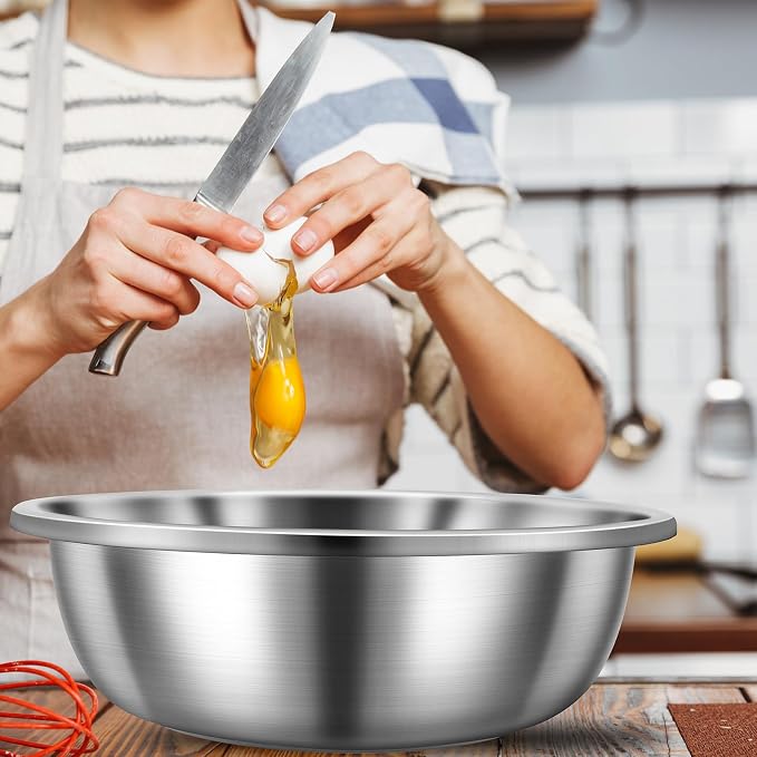 Domensi Set of 3 Extra Large Stainless Steel Mixing Bowls Large Mixing Container Easy to Clean, Nesting Bowls for Space Saving Storage for Cooking, Baking(201 Stainless Steel,13, 16, 20 Quart) - Image 6