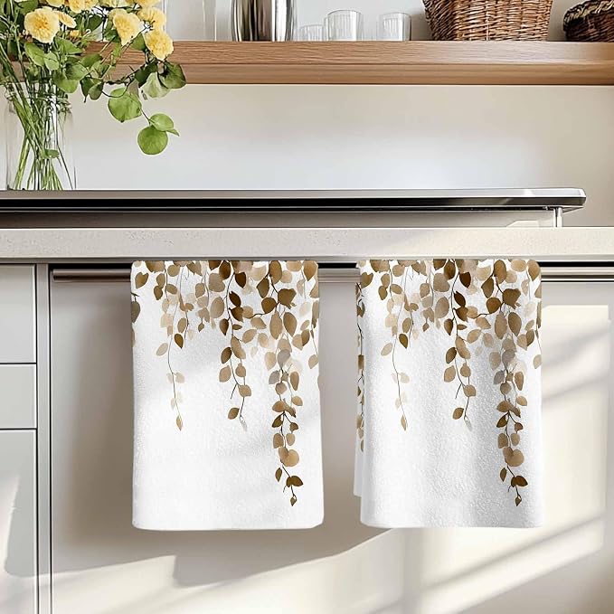 Brown Eucalyptus Kitchen Towels Set of 1, Absorbent Dish Towels for Kitchen, Spring Summer Botanical Plants Chic Microfiber Hand Towel, Quick Drying Tea Towel for Cleaning Decorative Dishcloths - Image 7