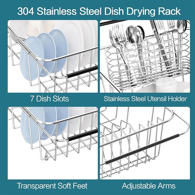 Small Dish Drainer Rack in Sink Adjustable, Expandable 304 Stainless Steel Metal Dish Drying Rack Organizer with Stainless Steel Utensil Holder Over Inside Sink Counter, Rustproof(For 1-2 People) - Image 7