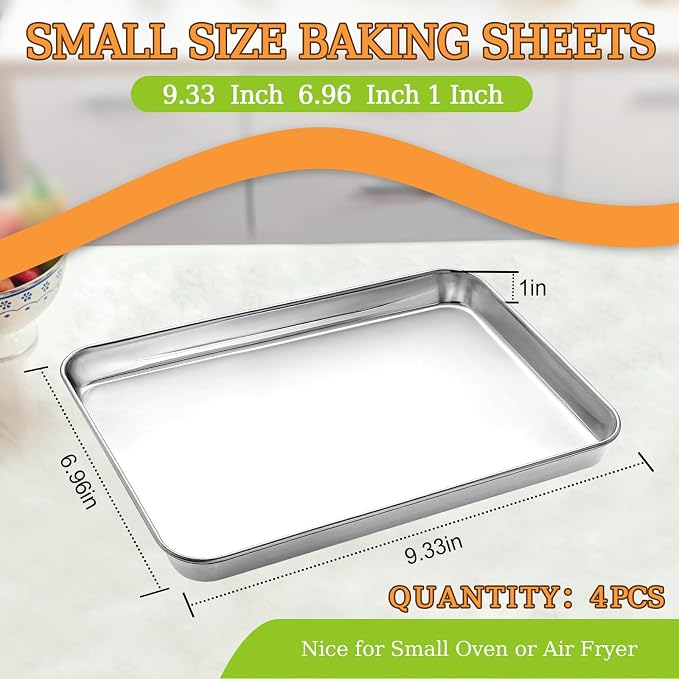 4 Pieces Baking Sheet Pan Tray, CEKEE Stainless Steel Small Cookie Sheets for Baking, Baking Sheets for Oven, Warp Resistant & Heavy Duty & Rust Free Baking Pans Set - Size 9.3 x 6.9 x 0.98 Inch - Image 7