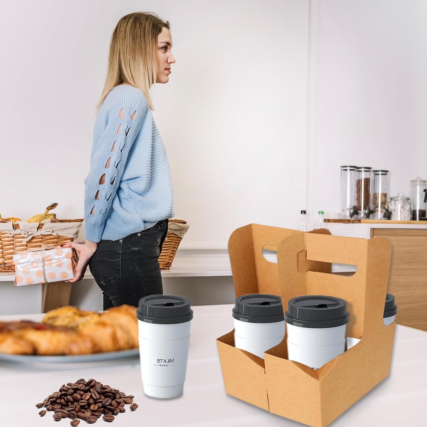 2 Cup Drink Carrier with Handle | Kraft Paperboard Cup Holder | Disposable Cup Holder for Hot or Cold Drinks | Cup Carrier for Food Delivery Services(50 Pack)