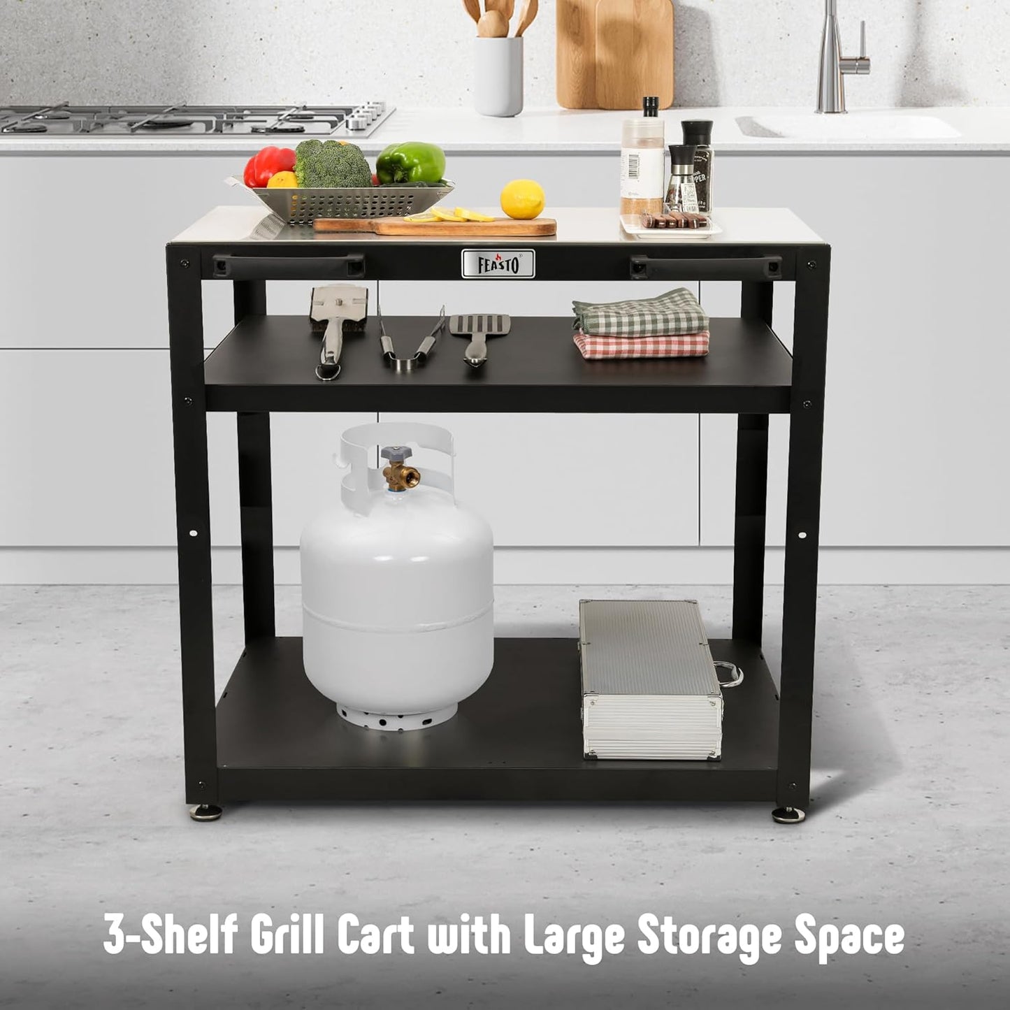 36''x 24'' Large Movable Pizza Oven Table for Outdoor, 304 Stainless Steel Grill Cart with Wheels, 3-Shelf Outdoor Kitchen Prep Table Pizza Oven Stand on Wheels for Ooni 16, Blackstone Griddle