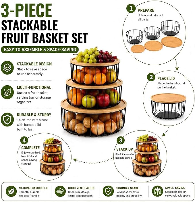 3-Piece Stackable Fruit Basket with Bamboo Lids for Kitchen Counter | Large Mesh Fruit Bowl for Fresh Fruit, Bread & Produce Storage - Image 7