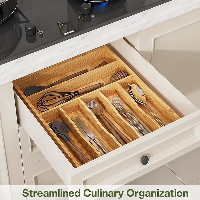 BAMEOS Bamboo Flatware Organizer 16.5×12.8 –Silverware Tray for Small Kitchen Drawers, 2" H Cutlery Holder | Forks, Spoons, Knives - Image 6