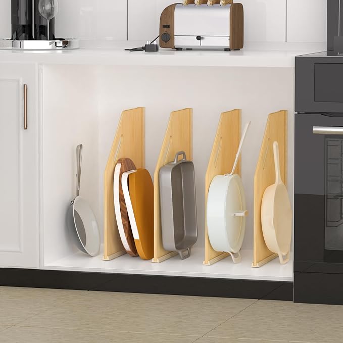 4 Pack Wood Tray Dividers For Cabinets, Adjustable Vertical Cookie Sheet Organizer for cabinet, Tray Dividers Organizer For Pots, Cutting Board, Pans, Lids, Baking Sheets And More - Image 8