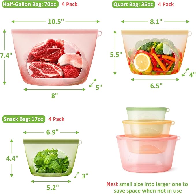 100% Reusable Silicone Bags for Food Storage, 12 Pack Double-Lock Reusable Bags Stand-Up Wide-Mouth Leakproof for Soup, Sous Vide, Freezer Microwave Dishwasher Safe, 4 Half Gallon 4 Sandwich 4 Snack - Image 7