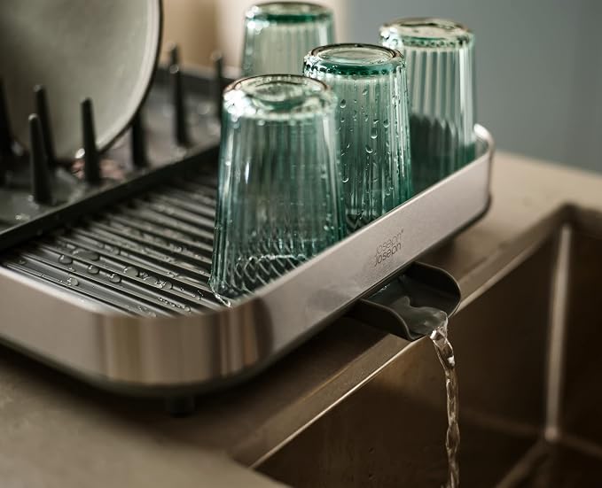 Joseph Joseph Duo Expanding Dish Drying Rack with Removable Silverware Holder, Draining Spout, Stainless Steel - Image 6