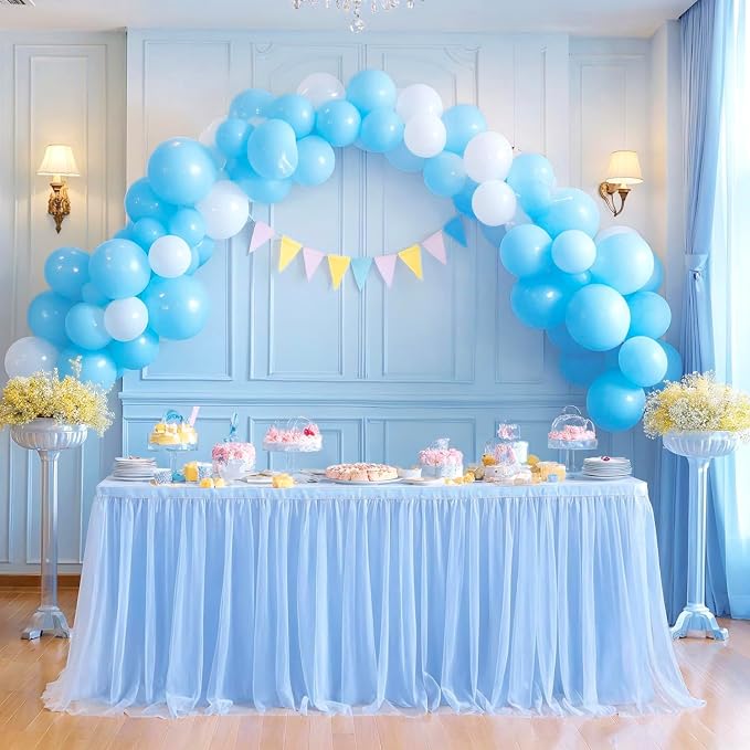108in Baby Blue Tulle Table Skirts for Rectangle Tables 6/8/4ft, 2-Layer Gold Grim Ruffle Tulle Tutu Blue Cloth Table Skirt 9ft Decor Boy Birthday Party Baby Shower Cake Dessert Tables(No Table Cover) - Image 6