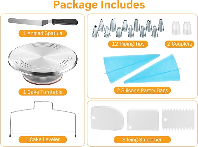 Kootek 22 Aluminum Cake Stand Turntable Set for Decorating Baking Kit, 12" | Beginner-friendly, Baking Supplies Tools with Cake Stand Turntable for Decorating and Display, 3 Icing Scrapers, Cake Leveler - Image 9