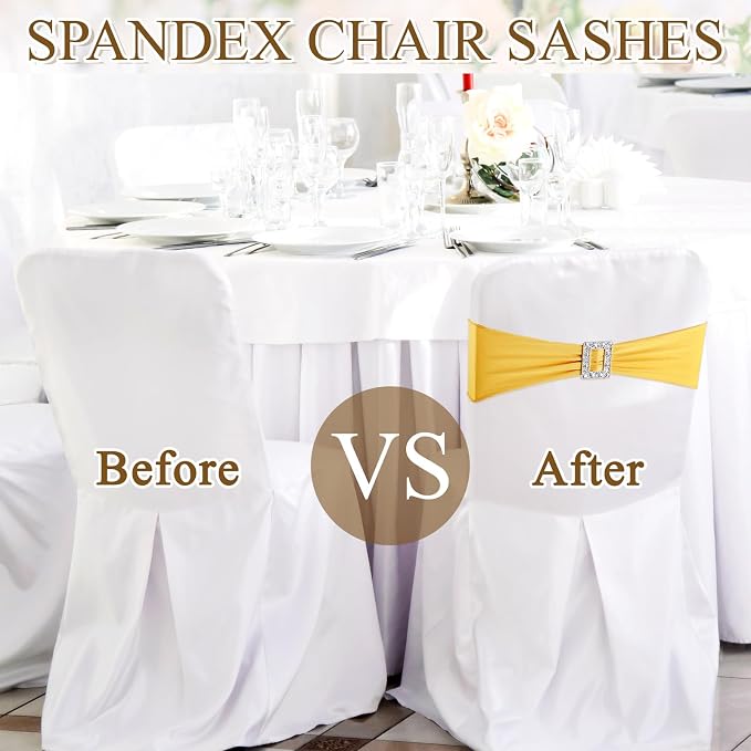 VitalCozy 100 Pcs Spandex Chair Sashes Wedding, Square Buckle, Gold - Image 6