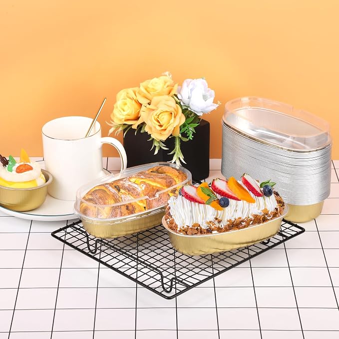 Beasea 6 Inch Oval Cheesecake Pan, 50 Pack With Lids - Golden Disposable Mini Bread Loaf Pans, Ellipse Aluminum Bakeware for Oven Baking - Image 7