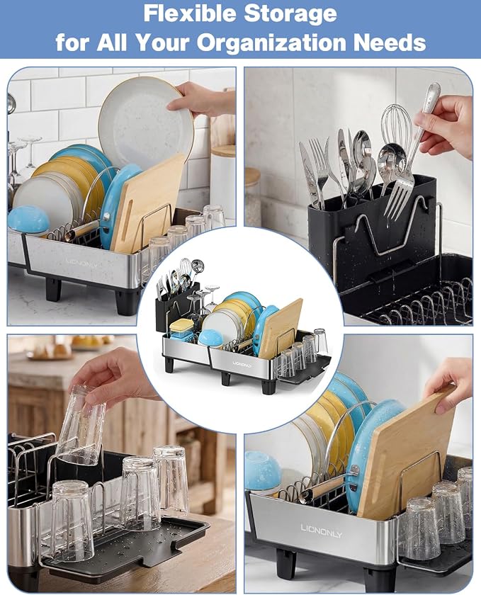304 Stainless Steel Expandable Dish Drying Rack with Drain Spout, Black - Image 8
