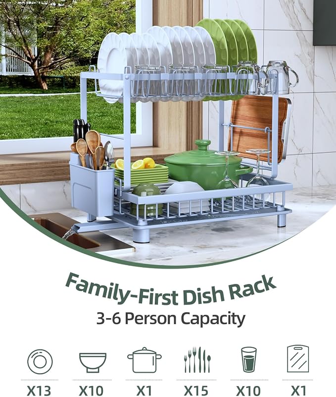 2-Tier Dish Drying Rack for Kitchen Counter, Space-Saving, Blue - Image 8