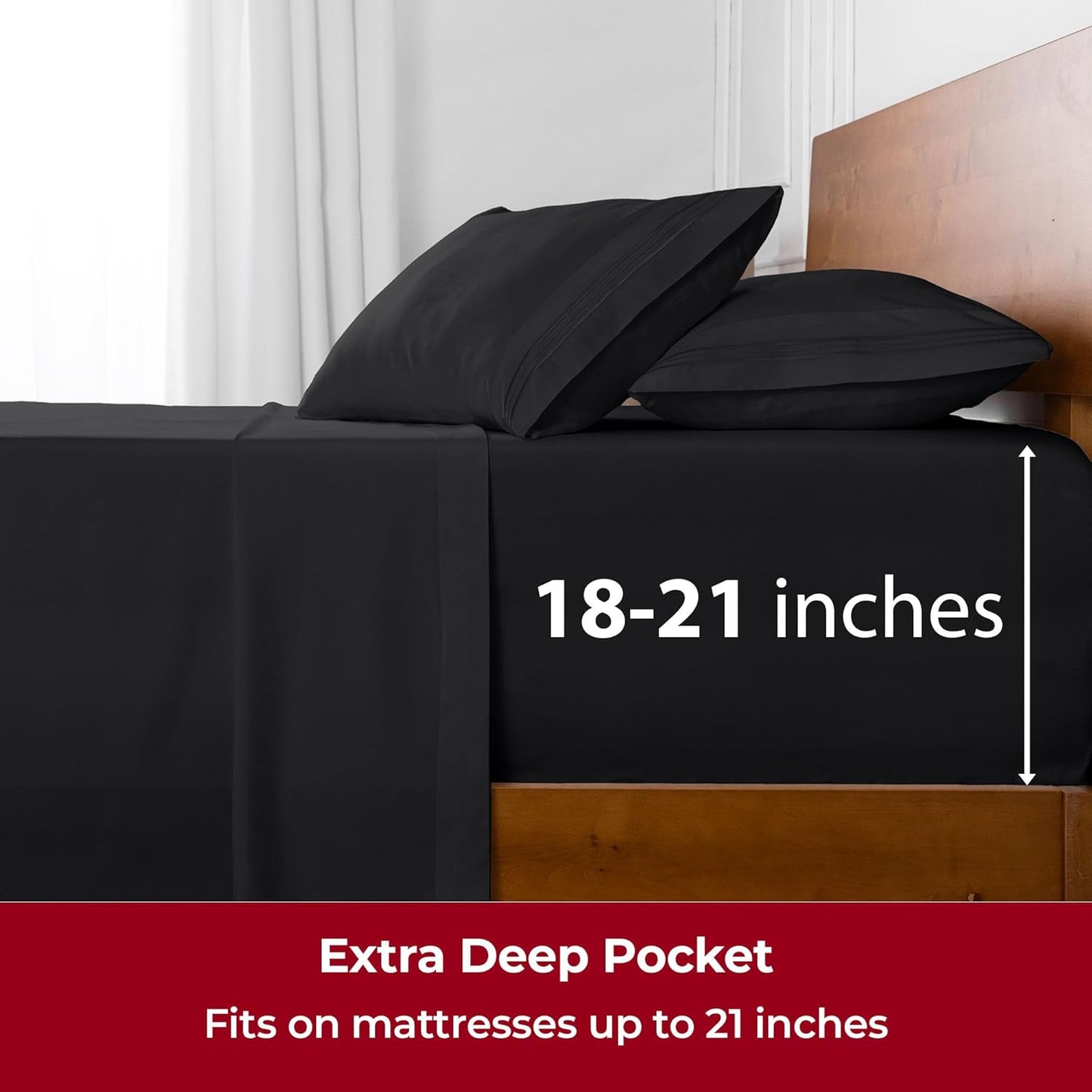 Mellanni Extra Deep Split King Sheets - 5 PC Iconic Collection Bedding - Hotel Luxury, Ultra Soft, Cooling Bed Sheets - Wrinkle, Fade, Stain Resistant (Split King, Black)