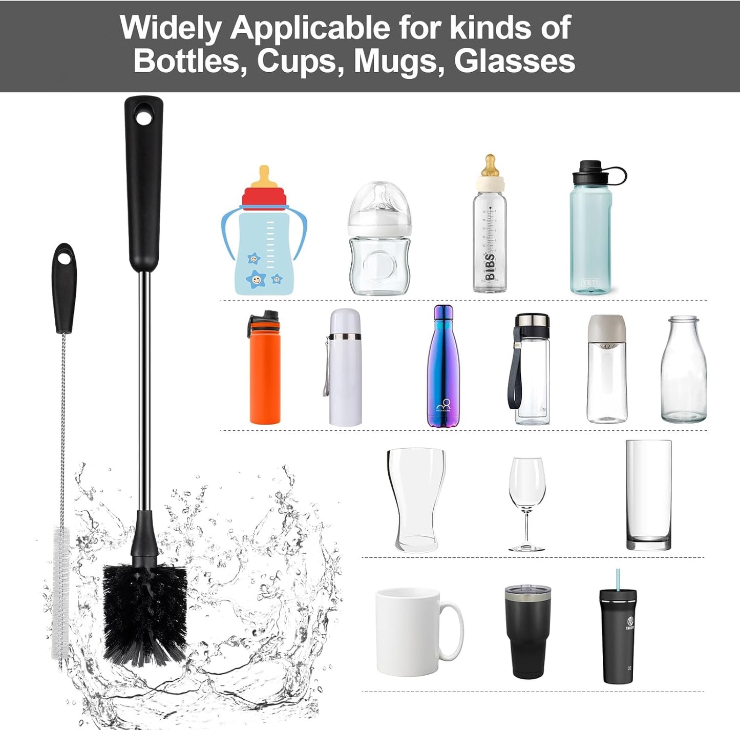 Water Bottle Brush with Straw Cleaner, 15 Inches Stainless Steel Handle Baby Bottle Brush Cleaner, Kitchen Scrub Cleaning Brushes for Cup, Wine Glasses, Coffee Mugs, Tumblers, Wine Decanters, Black