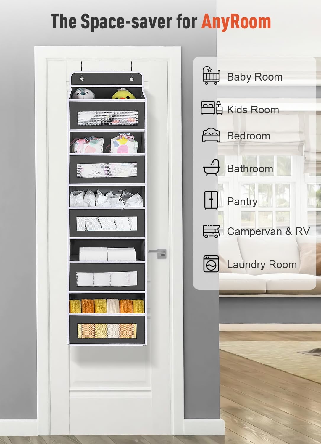 Upgrade Pocket 2 Pack Over The Door Organizer Storage, 5 Shelf Hanging Door Organizers with 10 Large Capacity Pockets, Anti Tilt 48 lb Load Behind Door Organizer for Bedroom, Bathroom, Pantry