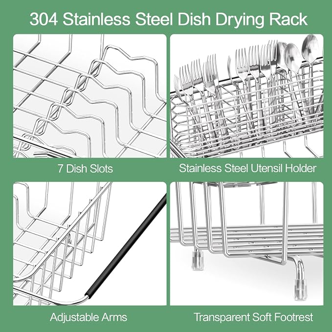 Large Sink Dish Drying Rack, Expandable 304 Stainless Steel Metal Dish Drainer Rack Organizer Shelves with Stainless Steel Utensil Holder Over Inside Sink, Rustproof - Image 7