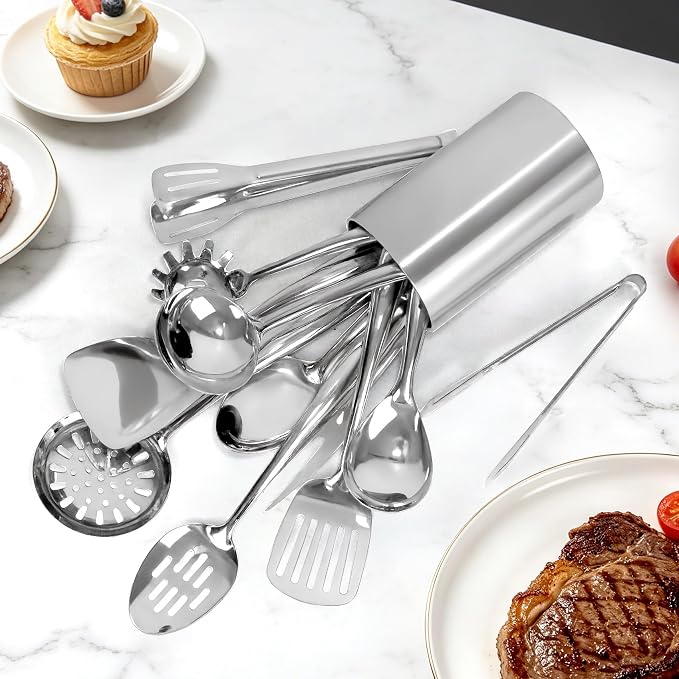 304 Stainless Steel Cooking Utensils Set for Kitchen Utensils Set with Holder, 12 PCS Large Metal Cooking Utensil Tools Set with Holder,Fork,Spatulas,Spoons,Skimmer,Ladle,Tong - Image 7