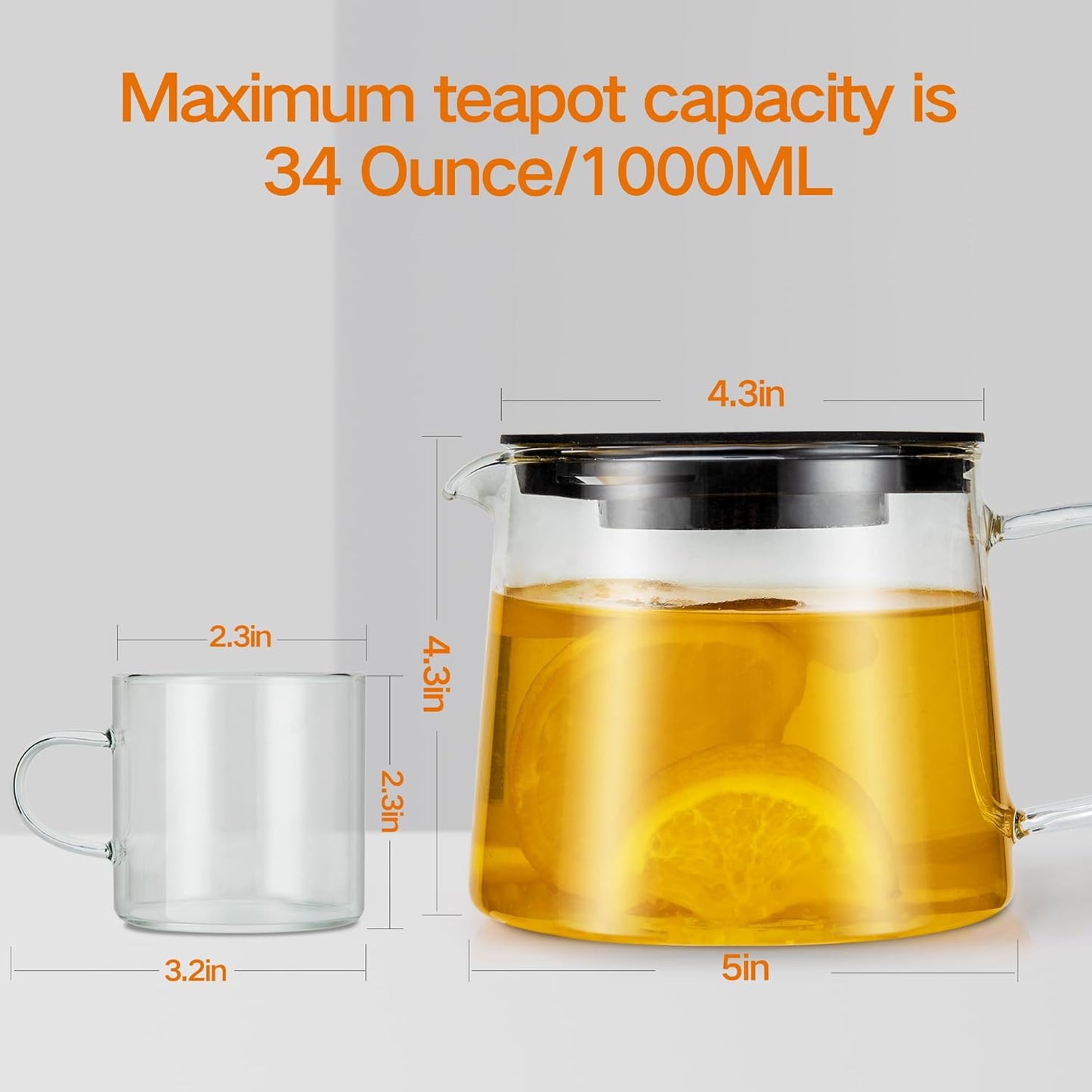 Glass Teapot 34oz/1000ml with 4 Pack Tea Cups Gift Set, Removable Stainless Steel Infuser, Heatproof Borosilicate Glass, Stovetop Safe for Loose and Blooming Leaf Tea