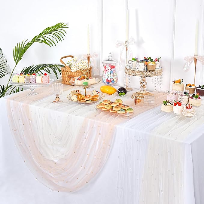 Pearl Tulle Table Runner Fabric Beige 10ft Wedding Veil Seasonal Dessert - Image 7