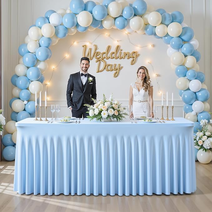 6 Pack Baby Blue Table Cloth for 8 Foot Rectangle Tables Spandex Fitted Tablecloth 8ft Stretch Table Covers Skirt Baby Blue Banquet Tablecloths Wrinkle Free Tablecloth for Party Wedding Birthday Event - Image 9