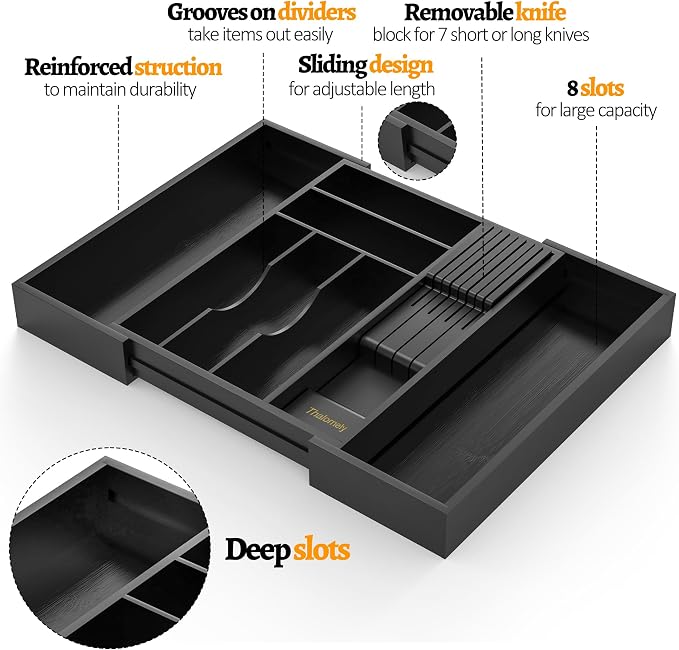 Bamboo Silverware Drawer Organizer, 6-8 Slots Kitchen Drawer Tray | 13"-21.69" Expandable, Utensil Holder & Cutlery Tray with Removable Knife Block, Hold 7 Knives, 2.36" Deep for Extra Capacity - Image 9